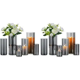 Glasseam Glasvase Zylinder Kerzengläser: 12er Grau Vase Set für Tischdeko | Glaszylinder Windlicht für Kerzen, Rauchglas Blumenvase Modern Glasvasen, Home, Hochzeitsdeko, Party, 10x5.5/15x6.5/20x8.5cm
