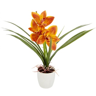 Kunstblume Orchidee, I.GE.A., Höhe 32 cm, Mit Blätter im Topf aus Keramik Künstliche Blume Cymbidium-Orchidee orange