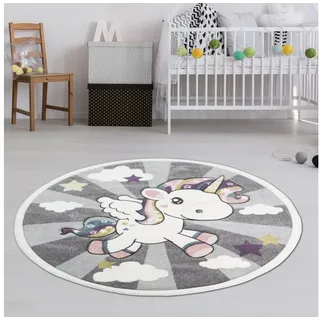 TeppichHome24 Kinderteppich Kinderteppich mit Einhorn Regenbogen in Grau Creme, Rund, Höhe: 1.3 mm gelb|grau|lila|rosa|weiß Rund | 120 cm x 120 cm x 1.3 mm