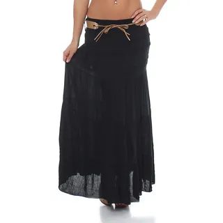 Malito – Rock Damen bodenlang aus Baumwolle mit elegantem Strickmuster & Kunstleder Gürtel – Maxi Rock lang mit breitem Bund – Luftiger Sommerrock 1116 (Schwarz 34-40) - 34-40