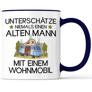 Tasse mit Spruch Alter Mann mit Wohmobil Becher Wohnwagen Camping Urlaub Trucker - lustiges Geschenk - Kaffeebecher als Geschenkidee - Kaffeetasse 330ml - Weiss-Blau