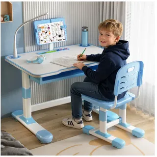 Rutaqian Kinderschreibtisch Kinderschreibtisch höhenverstellbar, Schreibtisch Kinder mit Stuhl (Höhenverstellbarer Ergonomischer Schreibtisch-Stuhl Set), Kinderschreibtisch-Stuhlset mit Tischlampe für Jungs und Mädchen blau