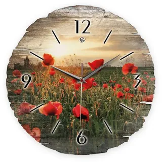 Kreative Feder Wanduhr Wanduhr "Mohnblumen-Feld" aus Naturholz (ohne Ticken; Funk- oder Quarzuhrwerk; ⌀ 30cm; außergewöhnlich) bunt