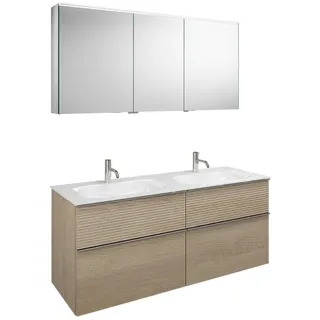 burgbad Fiumo Badmöbel-Set 142 cm mit Doppel-Waschtisch und Unterschrank  mit Griff G0146 sowie mit Spiegelschrank, Badmöbel,
