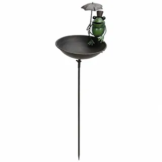 Vogelbad mit Froschfigur und Schirm am Stab, dekorative Vogeltränke für Garten und Beet, Metall Vogelbad mit Schale 22 cm, Gartenstecker 115 cm, Garten Deko mit Frosch