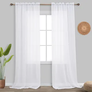 KOUFALL weiße transparente Vorhänge, 2 Paneele, 244 cm Länge, Stangendurchzug, Kunstleinen-Optik, Shabby-Chic-Stil, für Schlafzimmer oder Wohnzimmer