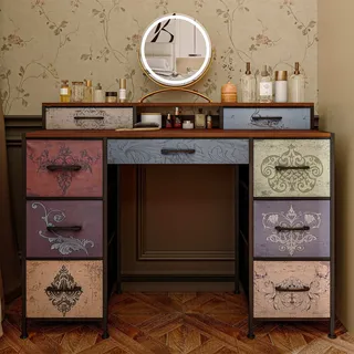 Vintage Schminktisch Mit 9 Schubladen, Retro-stil Aufbewahrungsm√∂bel, Holzplatte, Metallstruktur, 121x40x91 Cm, Mehrfarbig