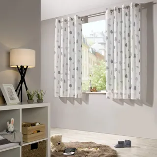 heimtexland ® Vorhang Kindergardine Leinen Optik Natur Grau Skandinavisch Wald Bär Gardine transparent Kinderzimmer Ösenschal Ökotex Typ563 Weiß - Grau mit Ösen I HxB 175x135 cm