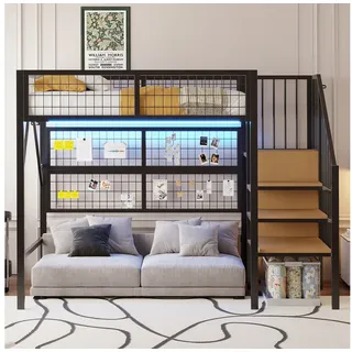 Celya Hochbett Eisenbett, Etagenbett, Hochbett, Etagenbett (mit Stauraum, offenem Kleiderschrank Schwarz, Metall-Hochbett mit APP-gesteuerten LED-Lichtleisten Treppe) Geeignet für Kinder und Jugendliche Vielseitiges, 90*200 schwarz