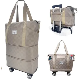 Reisetasche mit Rollen, Faltbare Reisetasche mit großer Kapazität, Erweiterbar Handgepäck mit Abnehmbar Rollen Damen Weekender Tasche Travel Handgepäck mit Nassfach für Sport Fitness Reisen (Khaki)