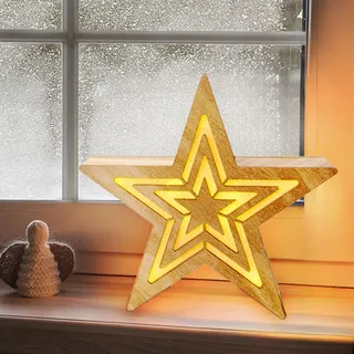 Holzstern Dekolampe Weihnachtsdeko Adventsstern Batterie Timer natur LED H 23 cm