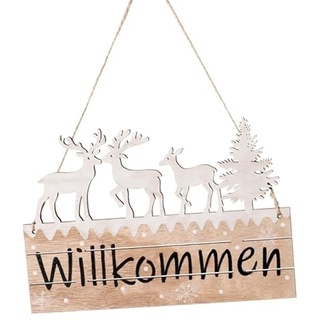 Holz ' Willkommen' Schild Weiß Natur Hirsch Reh Baum Weihnachten Deko Wanddeko 21cm