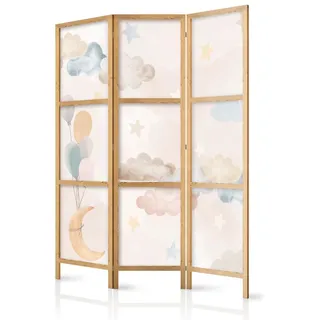 Muralo Japanischer PARAVENT 3-teilig Raumteiler klappbar PREMIUM-Vliesleinwand BUNTE WOLKEN UND STERNE für Kinderzimmer 135cmx172cm - Beige/Grau/Blau/Gelb/Braun