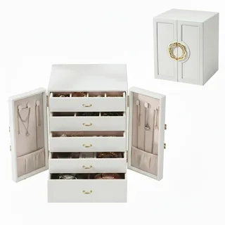 Schmuckkasten für Damen Weiß, 5 Ebenen, Leder, mit 5 herausnehmbaren Schubladen, Seitentüren, Organizer für Halsketten, Ringe, Uhren und Armbänder
