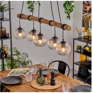 hofstein Pendelleuchte Hängelampe aus Metall/Holz/Riffelglas in Schwarz/Naturfarben/Klar, ohne Leuchtmittel, Hängeleuchte im Retro/Boho Design mit Glasschirmen und Holzbalken, E27 beige