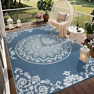 Homcomodar Outdoor Teppich Wetterfest 180x270cm Outdoor Teppich Balkon Waschbar Kunststoff Stroh Outdoorteppich UV-beständige Vorzeltteppich fur Garten,Patio Balkon,Deck,Pool,Hinterhof(Blau&Weiß)