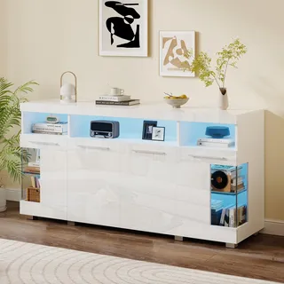 Merax Sideboard mit LED-Beleuchtung, Hochglanz Kommode Anrichte Schrank mit 4 Türen & Offene Staufächer, Mehrzweckschrank mit Glastüren, Aufbewahrungsschrank für Wohnzimmer, Esszimmer, Flur, Weiß