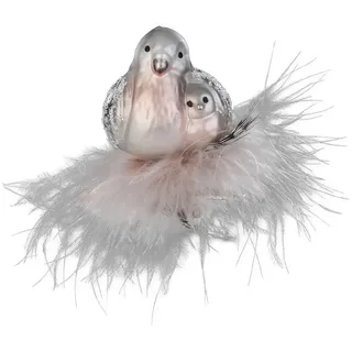 Christbaumschmuck Vögel mit Federn auf Clip 5,5cm mundgeblasenes Glas handbemalt - Glasfigur Dekovögel auf Klammer Rosa/Grau - Weihnachtskugeln - Vogel Deko & Weihnachtsbaumschmuck