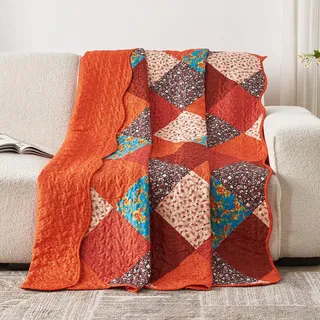 Qucover Tagesdecke 140x200 Rot Orange, Leicht Tagesdecke Patchwork, Tagesdecke 150x200 Bunt, Bedspreads aus Mikrofaser, Schöne Sofa Überwurfdecke, Patchworkdecke für alle Jahreszeiten