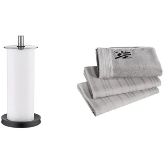 WMF Depot Küchenrollenhalter stehend 32 cm, Cromargan Edelstahl, Silikonfüße spülmaschinengeeignet & Küchenhandtuch-Set 3-teilig, Handtuch, Geschirrhandtuch, Baumwolle