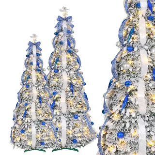Aufun 150 cm Pop Up Spiral Weihnachtsbaum mit 100 LED, Tannenbaum Künstlich, Zusammenklappbarer Christbaum Mit Weihnachtskugeln, Sternspitze, Weihnachtsdeko für Haus, Geschäft (Blau mit Schnee)
