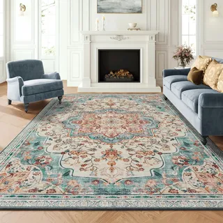 SONGMICS Vintage Teppich, 200 x 290 cm, Wohnzimmerteppich, Schlafzimmerteppich, Waschbarerteppich, Rutschfester Teppich, für Küche, Flur, Esszimmer, aquamarinblau TAR310Q01
