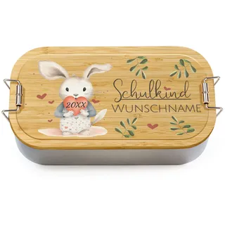 Print Royal PR Personalisierbare Brotdose zur Einschulung - Schulkind mit Name und Jahr personalisiert - Hase Brotdose, personalisierte Geschenke zur Einschulung | 600 ml, mit Bambusdeckel