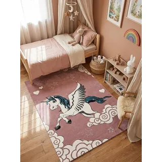 Kinderteppich Kurzflor Einhorn Pegasus mit Sternen Polypropylen Pink 120x170 cm Kinderzimmer Spielzimmer Kids IDRO | Kadima Design - Rosa