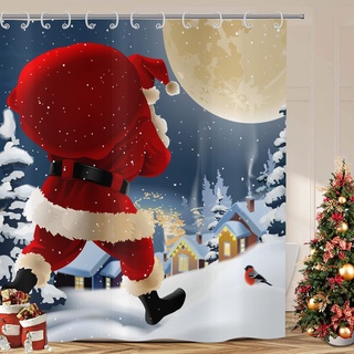 ASDCXZ Weihnachten Duschvorhang 180x180 cm, Lustig Weihnachtsmann Lieferung Geschenk Schneelandschaft Bad Waschbar Duschvorhänge Polyester Textil Wasserdicht Duschvorhang für Badewanne mit 12 Haken