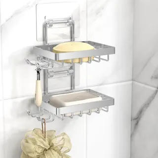2-stufiger Seifenhalter mit Ablauf, Edelstahl Seifenschalen ohne Bohren fuer Duschwand, Seifenschale fuer Badezimmer, Silber - Silber