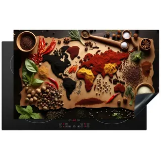 MuchoWow Herd-Abdeckplatte Kräuter - Gewürze - Weltkarte - Braun - Löffel - Farbenfroh, Vinyl, (1 tlg), Herdabdeckplatten für Ceranfeld, Induktionsschutz, 80x50 cm 80 cm x 50 cm x 0.2 cm