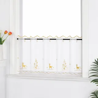Joyswahl Weihnachtsdeko Scheibengardine Weiß Bistrogardinen durch Lochleiste Transparent Kurzstores mit Weihnachten Muster Weihnachtsgardine Gold HxB 45x140cm 1er Pack