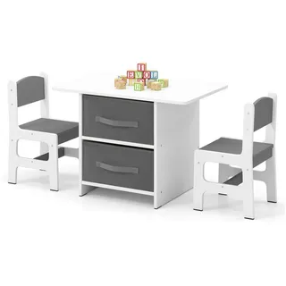 COSTWAY Kindersitzgruppe, (3-tlg), Kindertisch mit 2 Stühlen, Holz mit Körben grau