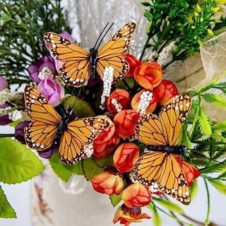 YCHTEWY - Monarch Schmetterling Dekor, Feder Schmetterling Dekorationen 12er Set mit Draht 7,6 cm orange
