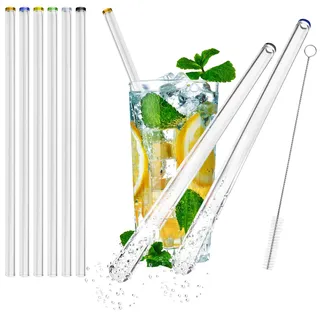 com-four® 6x Glasstrohalme 23 cm spülmaschinenfest und wiederverwendbar - Glas Strohhalme für Bubble Tea, Slush, Cocktail, Säfte - Trinkhalme Glas mit Reinigungsbürste - Glastrinkhalm