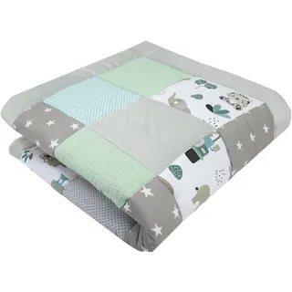 Medi Partners Krabbeldecke für Baby Spielmatte 100% Baumwolle Krabbelmatte - 100x100cm Krabbeldeck Dick Weich Decke Laufgittereinlage Babydecke Minky Waffel Spielbogen (Mint Zoo)