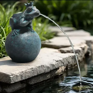 Froschkönig Wasserspeier solarbetrieben – Teichfigur mit Solarpumpe & Wasserspiel – Gartendeko aus Polyresin in Bronze-Optik – 12 × 12 × 2... - Grau