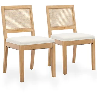 SEEDWAVE Esszimmerstühle 2er Set Küchenstuhl mit Rattan Rückenlehne, Massivholzbeine mit Filzfüßen, Gepolsterter Leinen Sitz, Boho Landhausstil (Holzfarbe Beige)