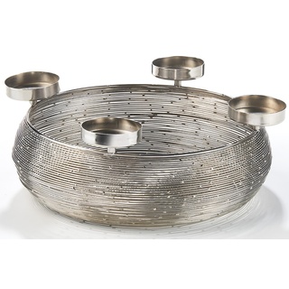 Kobolo Dekokranz Adventskranz aus Metall in Silber mit Schale für 4 Kerzen