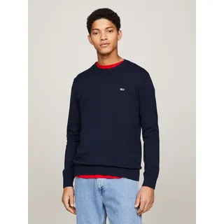 Rundhalspullover TOMMY JEANS "TJM SLIM ESSENTIAL LIGHT SWEATER", Herren, Gr. XXL, blau (schwarz night navy), Strick, Obermaterial: 100% Baumwolle, Rundhals, Pullover Rundhalspullover, mit Flag-Patch