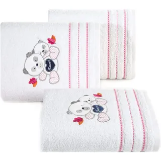 Eurofirany Baby Babyhandtuch Weiß Rosa Handtücher Kinderhandtuch Kindermotiv Teddybär Teddy Mädchen Badezimmer Weich Süß Kuschelig, 70x140cm