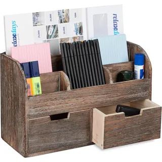 Relaxdays Organizer Schreibtisch, 6 Fächer, 2 Schubladen, Büro, Dokumentenhalter aus Holz, HBT 25x36,5x15cm, dunkelbraun