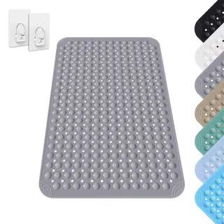 Duschmatte rutschfest 60 x 90 cm, Duschmatte mit Saugnapf, Duscheinlage maschinenwaschbar, Rutschmatte aus PVC, rutschfeste Massage Matte für Dusche und Sauna, inkl. 2 Haken, Grau