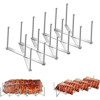 Unyqoos® Yangbaga Rippchenhalter aus Edelstahl – verstellbarer Spareribs-Halter für 4 normale oder 2 lange Rippchen, 7–53×16,5×10 cm, spül... - Silber