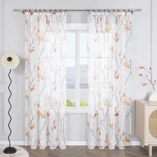 SCHOAL Gardinenschal mit Kräuselband Transparent Vorhang Gardine mit Blätter Muster Bedruckt Fensterschal für Wohnzimmer und Schlafzimmer 1 Stück BxH 140x145cm Orange