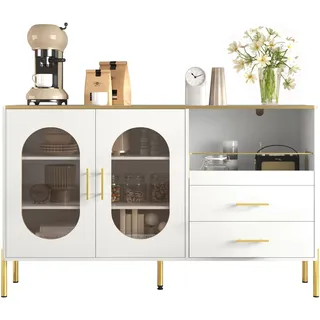 Sideboard Weiß mit Glasfronten & Weinregal – Esszimmerschrank mit Schubladen & Stauraum – Moderne Anrichte aus MDF mit Goldenen Griffen &Verstellbarem Fuß für Wohnzimmer & Flur (140 L x 38 B x 90 H)