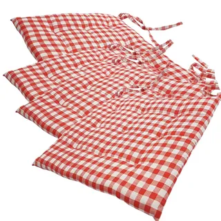 NYVI Stuhlkissen 40x40 cm ComfySeat Rot Weiß kariert 4er Set - Sitzkissen mit Bändern/Schleife, 9-fache Steppung - Indoor & Outdoor - Gartenstuhlkissen aus Baumwoll-Mischgewebe - ÖkoTex 100