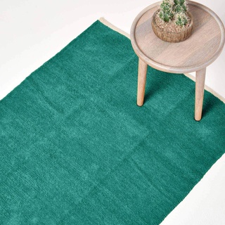 Homescapes waschbarer Chenille Teppich/Bettvorleger 60 x 100 cm handgewebt aus 100% Baumwolle, Petrol/türkis