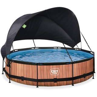 EXIT TOYS Wood Pool mit Sonnensegel - ø360x76cm - Runder Rahmenpool mit Kartuschenfilterpumpe - Optimaler UV-Schutz - Leicht Zugänglich - Starker Rahmen - Einzigartiges Design - Braun