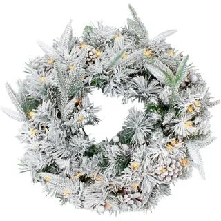 LED Tannenkranz mit Schnee und Beeren warm weiß beleuchtet - 61 cm mit 35 LED - Weihnachtskranz Batterie betrieben mit Timer - Tischkranz Türkranz Deko Kranz für Weihnachten Advent Winter